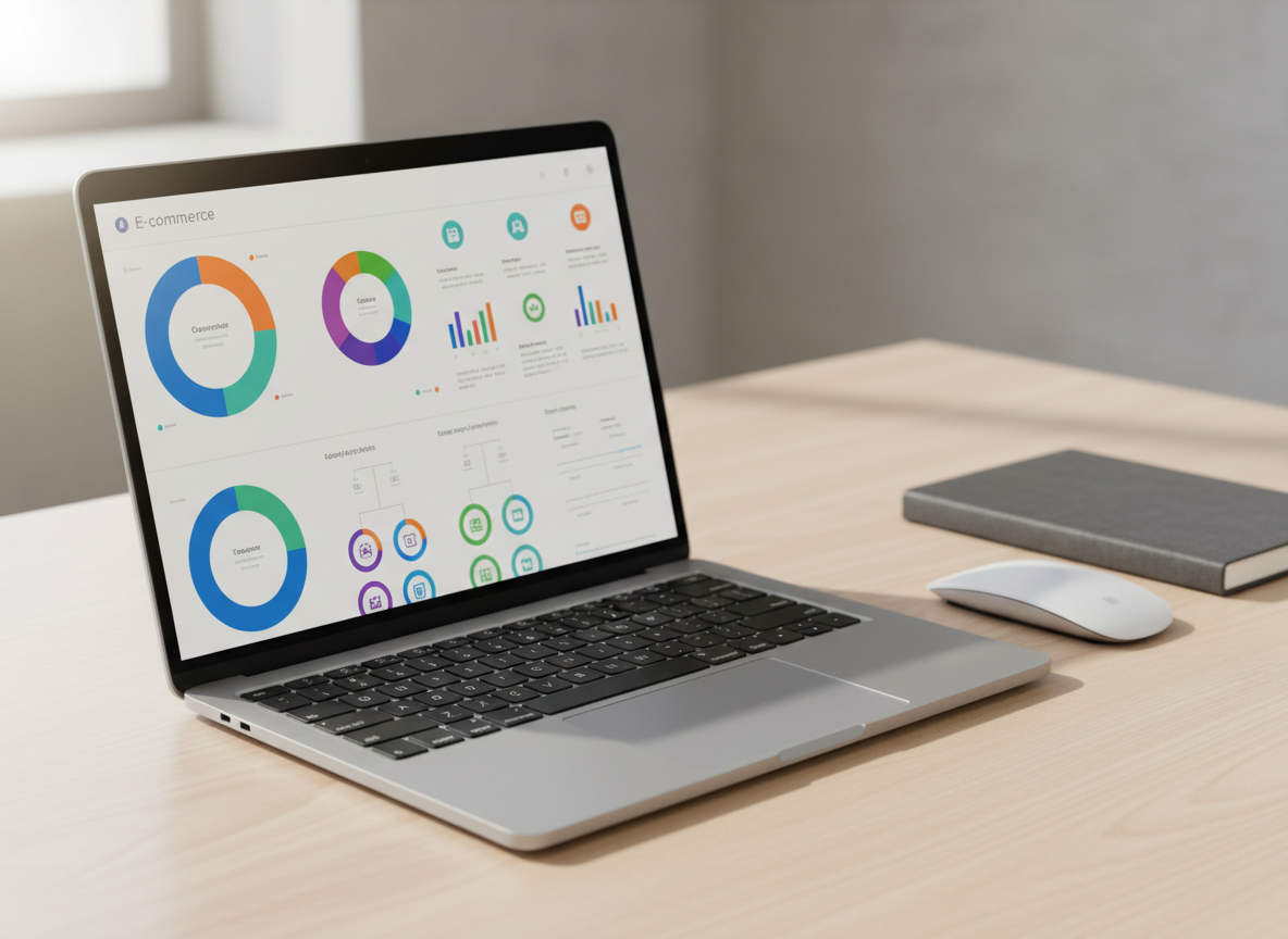 A sleek silver laptop with a vibrant dashboard of business and e‑commerce apps displayed on its screen, featuring colorful charts, analytic graphs, and neatly organized app icons, all abstracted with no readable text. The laptop rests on a clean, light wood desk beside a minimalist wireless mouse and a closed dark notebook. Soft daylight from an unseen window washes across the scene, creating gentle reflections on the laptop’s metallic surface and subtle shadows behind objects. Shot at a slightly elevated three‑quarter angle with a shallow depth of field, the background fades into a soft blur of neutral tones. The mood is professional, focused, and optimistic, conveying digital growth and modern efficiency in a photographic realism style.
