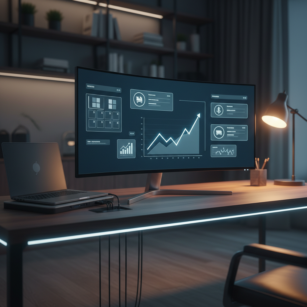 A large, curved computer monitor dominates a tidy dark-wood workstation, its screen filled with multiple floating app windows: inventory tiles, shipping icons, marketing campaign cards, and a bold, upward-trending revenue chart, all stylized and free of readable text. Beside the monitor sits a closed, graphite-colored laptop and a minimalist docking station, with tidy cables routed away. Cool white LED strip lighting under the desk edge creates a soft glow, while a single warm desk lamp adds contrast and depth. Captured from a slightly low, front-facing angle with moderate depth of field, the monitor is in sharp focus while the background shelves blur softly. The mood is high-tech, professional, and aspirational, evoking a powerful hub where apps orchestrate business growth.