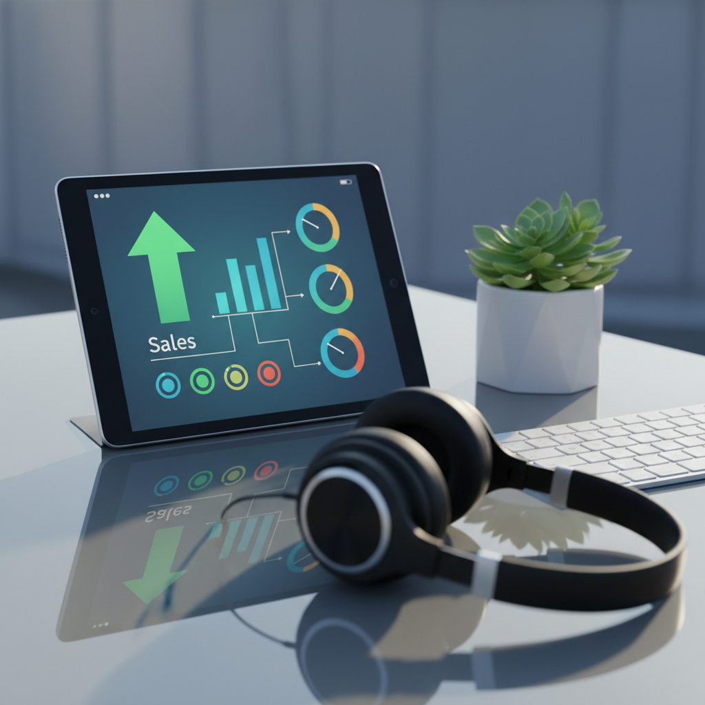 A close-up of a polished glass desk featuring a tablet at the center, its screen filled with a simplified dashboard of sales metrics and app integrations, highlighted by a bold upward arrow and glowing status indicators with no readable labels. Around it lie a pair of stylish over-ear headphones, a slim wireless keyboard, and a small, geometric planter with a vibrant green succulent. Late afternoon light streams in from the right, casting long, soft shadows and subtle highlights along the tablet’s beveled edges. Shot at eye level with a shallow depth of field, the background dissolves into a smooth gradient of muted blues and grays. The mood is calm, data-driven, and confident, symbolizing streamlined workflows and scalable business operations in photographic detail.