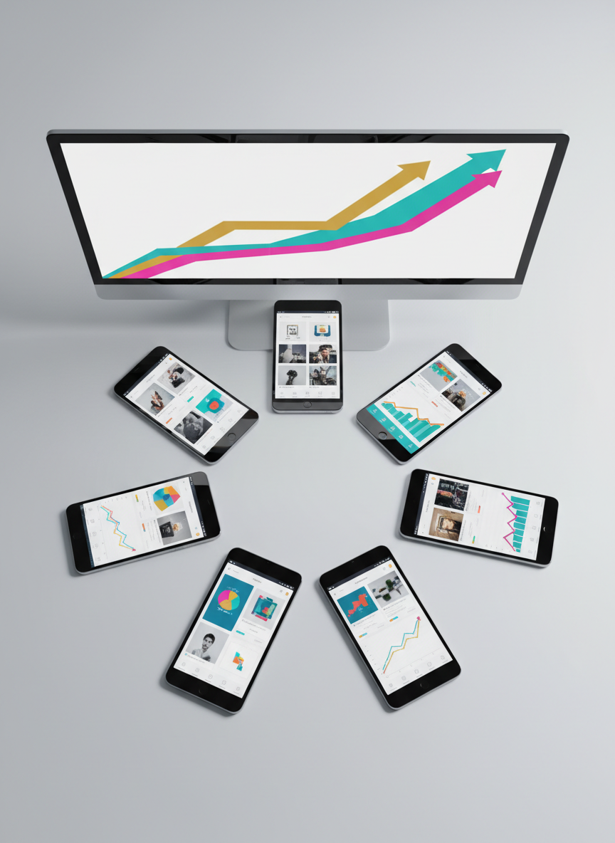 An array of modern smartphones and tablets arranged in a loose semi-circle on a matte white desk, each screen showing different abstract e‑commerce app interfaces with product grids, analytics tiles, and upward-trending charts, all without legible text. In the background, a thin, ultra-wide monitor displays a large, colorful growth graph rising diagonally. Cool, even studio lighting illuminates the devices, creating crisp reflections and clean shadows that emphasize their sleek edges. Captured from a top-down, bird’s-eye perspective with sharp focus throughout, the composition feels organized and strategic. The atmosphere is dynamic yet orderly, suggesting powerful mobile apps working together to scale a business, rendered in clean, photographic realism.